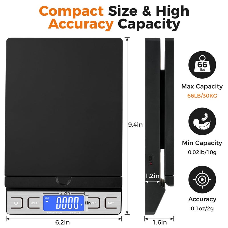 TIPRE Digital Shipping Postal Scale, Mail Scale with Envelope Flip Holder, 66lb/0.1oz Postage Scale for Package, Small Business, Post Office, Hold&Tare Function, Battery&Type-C Charging Cable - Black - Image 3